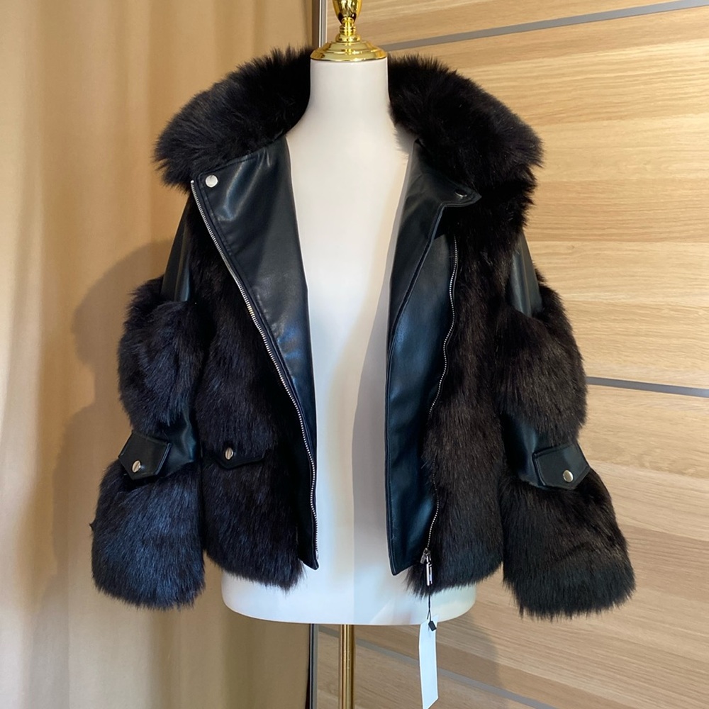 Kelly Obi New York Black Faux Fur Moto Jacket Medium NWT Statement Coat